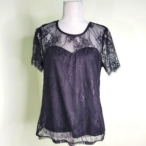 Adiva Women's Black Lace w/Attached Camisole Flutter Sleeve Dress Blouse Medium